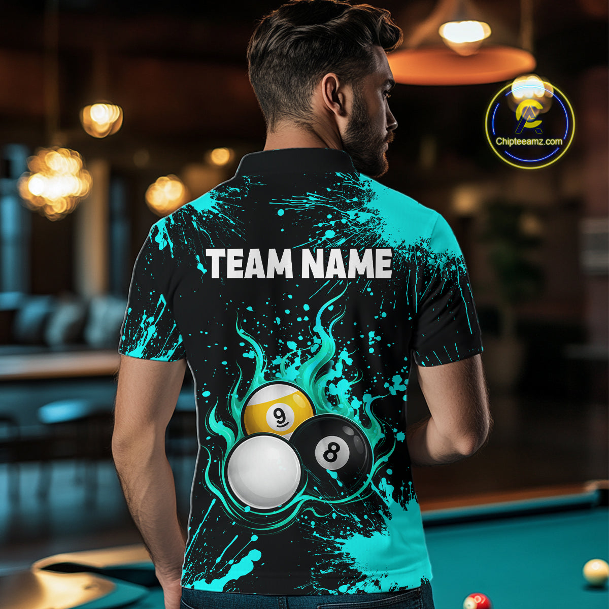 Teal Splatter Flame 8 Ball & 9 Ball Pool Polo 1/4-Zip Shirt For Men Personalized Billiard Team Apparel NYN3972