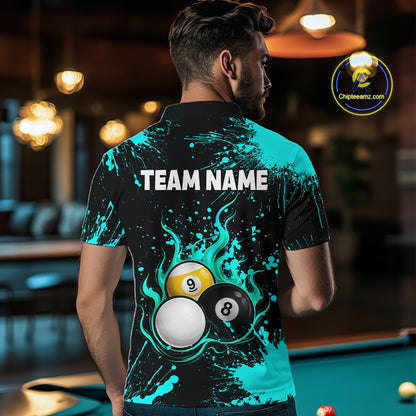Teal Splatter Flame 8 Ball & 9 Ball Pool Polo 1/4-Zip Shirt For Men Personalized Billiard Team Apparel NYN3972