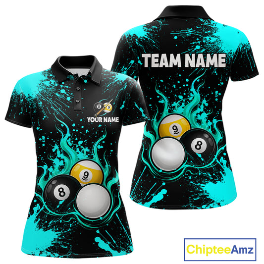 Teal Splatter Flame 8 Ball & 9 Ball Pool Polo 1/4-Zip Shirt For Women Personalized Billiard Team Apparel NYN3972