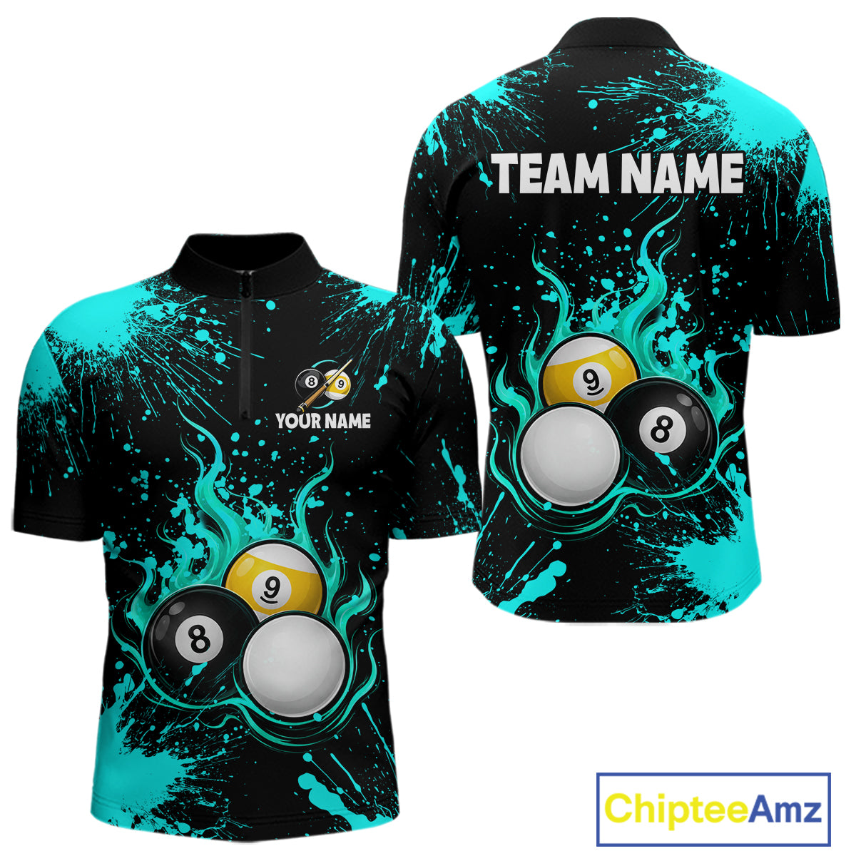 Teal Splatter Flame 8 Ball & 9 Ball Pool Polo 1/4-Zip Shirt For Men Personalized Billiard Team Apparel NYN3972
