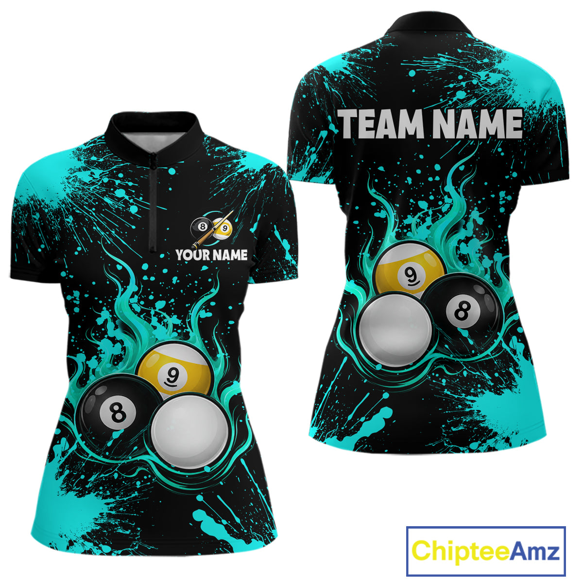 Teal Splatter Flame 8 Ball & 9 Ball Pool Polo 1/4-Zip Shirt For Women Personalized Billiard Team Apparel NYN3972