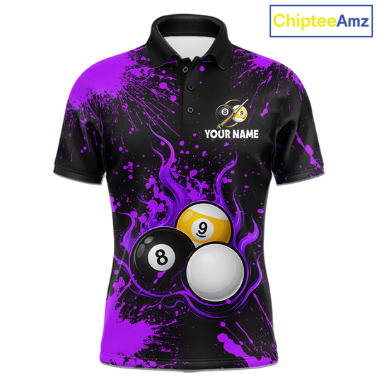 Purple Splatter Flame 8 Ball & 9 Ball Pool Polo 1/4-Zip Shirt For Men Personalized Billiard Team Apparel NYN3973