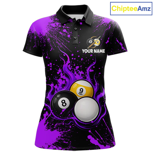Purple Splatter Flame 8 Ball & 9 Ball Pool Polo 1/4-Zip Shirt For Women Personalized Billiard Team Apparel NYN3973