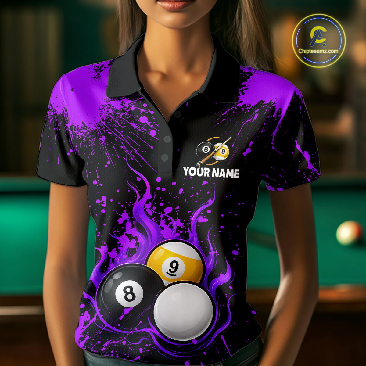Purple Splatter Flame 8 Ball & 9 Ball Pool Polo 1/4-Zip Shirt For Women Personalized Billiard Team Apparel NYN3973