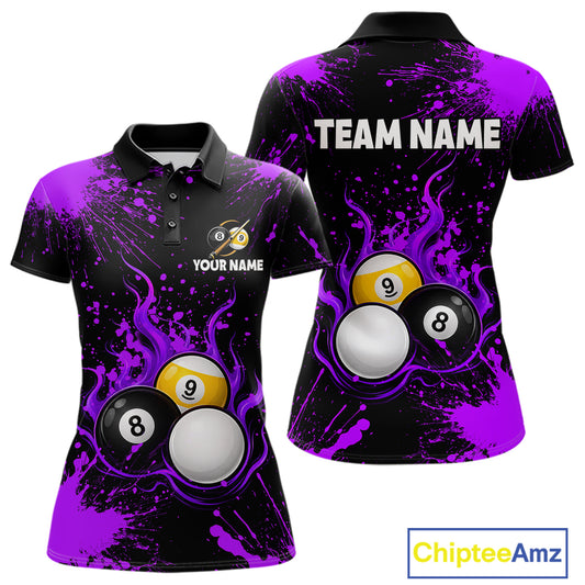 Purple Splatter Flame 8 Ball & 9 Ball Pool Polo 1/4-Zip Shirt For Women Personalized Billiard Team Apparel NYN3973