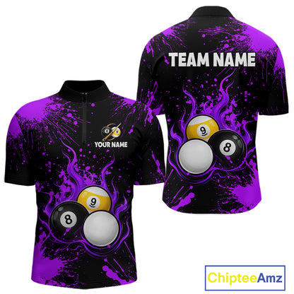 Purple Splatter Flame 8 Ball & 9 Ball Pool Polo 1/4-Zip Shirt For Men Personalized Billiard Team Apparel NYN3973