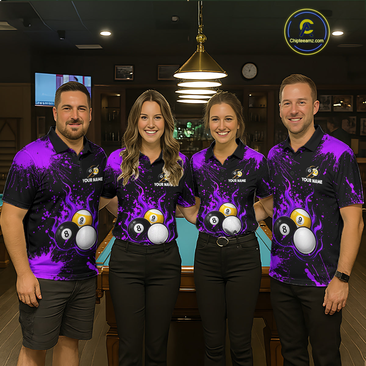 Purple Splatter Flame 8 Ball & 9 Ball Pool Polo 1/4-Zip Shirt For Men Personalized Billiard Team Apparel NYN3973
