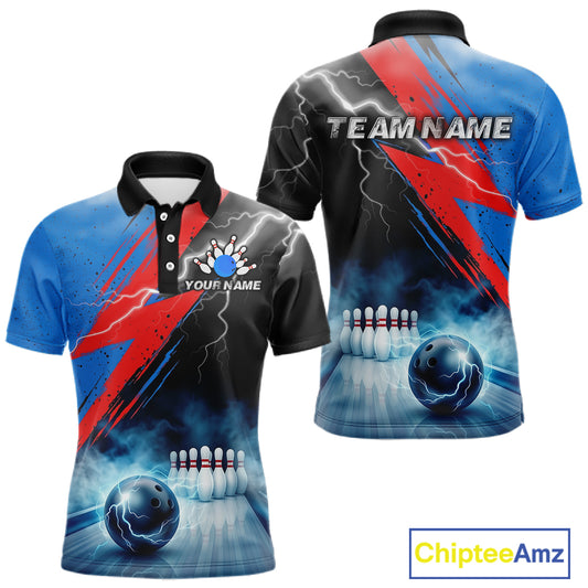 Thunder lightning bowling polo quarter zip shirt for men blue smoke bowling jersey