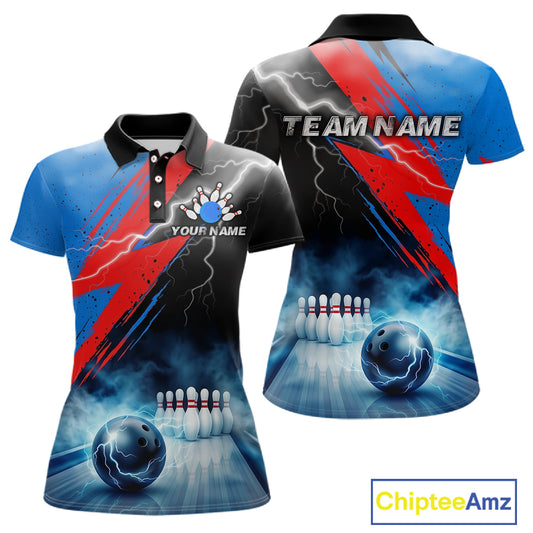 Thunder lightning bowling polo shirt for women blue smoke bowling jersey