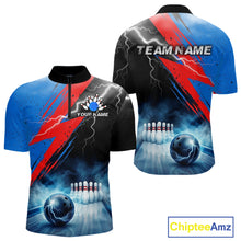 Load image into Gallery viewer, Thunder lightning bowling polo quarter zip shirt for men blue smoke bowling jersey