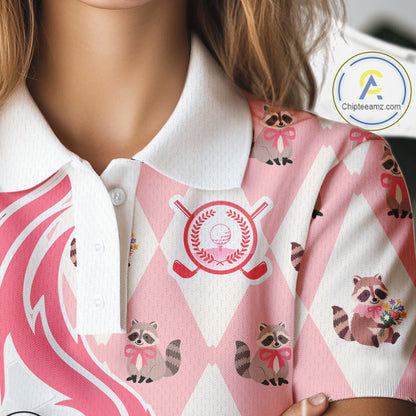 Women's model wearing Glitter Raccoon Golf Polo Shirt, sparkling golf apparel, personalized golf outfit, women's golf club clothing, custom golf team fashion, cute golf lifestyle
