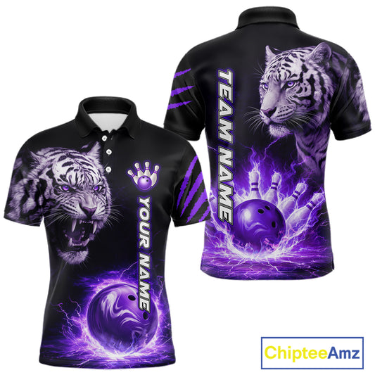 Purple Flames Tiger Custom Men Bowling Polo & Quarter-Zip Shirts Flame Bowling Team Jerseys NYN3012