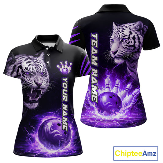 Purple Flames Tiger Custom Women Bowling Polo & Quarter-Zip Shirts Flame Bowling Team Jerseys NYN3012