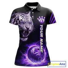 Load image into Gallery viewer, Purple Flames Tiger Custom Women Bowling Polo &amp; Quarter-Zip Shirts Flame Bowling Team Jerseys NYN3012