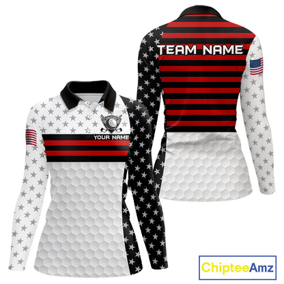 American Flag Womens Golf Polo Shirt Custom Black And Red Patriotic Golf Team Shirt Golf Tops NYN4041