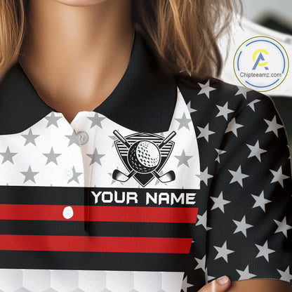 American Flag Womens Golf Polo Shirt Custom Black And Red Patriotic Golf Team Shirt Golf Tops NYN4041