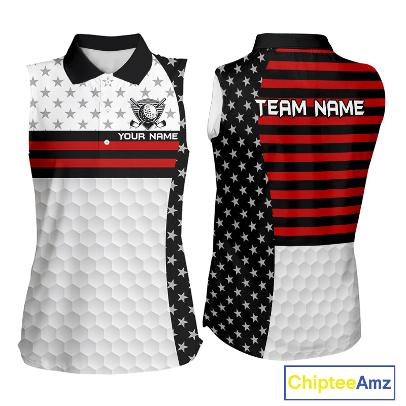 American Flag Womens Golf Sleeveless Polo Shirt Custom Black And Red Patriotic Golf Team Shirt Golf Tops NYN4041