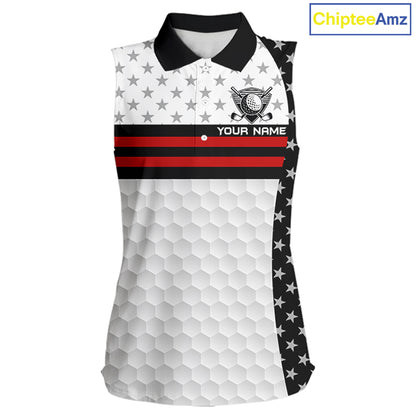American Flag Womens Golf Sleeveless Polo Shirt Custom Black And Red Patriotic Golf Team Shirt Golf Tops NYN4041