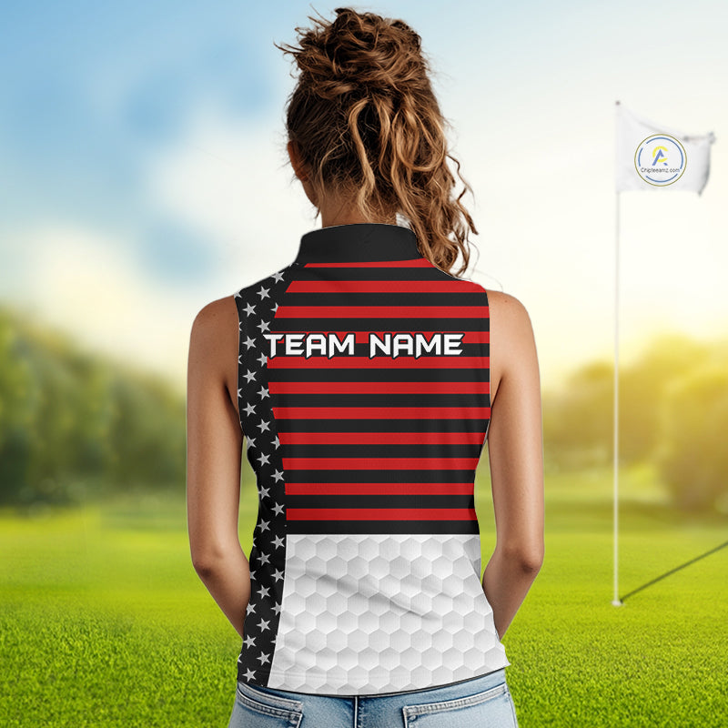 American Flag Womens Golf Sleeveless Polo Shirt Custom Black And Red Patriotic Golf Team Shirt Golf Tops NYN4041