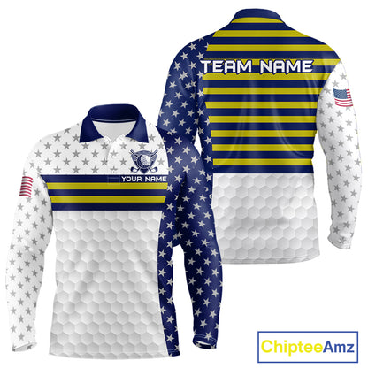 American Flag Mens Golf Polo Shirt Custom Yellow And Blue Patriotic Golf Team Shirt Golf Tops NYN4042