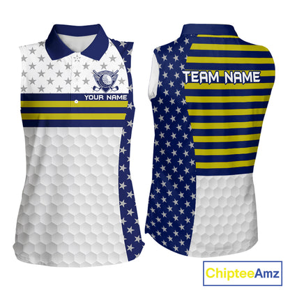 American Flag Womens Golf Sleeveless Polo Shirt Custom Yellow And Blue Patriotic Golf Team Shirt Golf Tops NYN4042