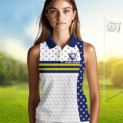 American Flag Womens Golf Sleeveless Polo Shirt Custom Yellow And Blue Patriotic Golf Team Shirt Golf Tops NYN4042