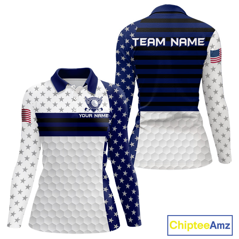 American Flag Womens Golf Polo Shirt Custom Black And Blue Patriotic Golf Team Shirt Golf Tops NYN4043