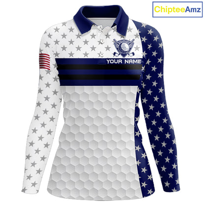 American Flag Womens Golf Polo Shirt Custom Black And Blue Patriotic Golf Team Shirt Golf Tops NYN4043