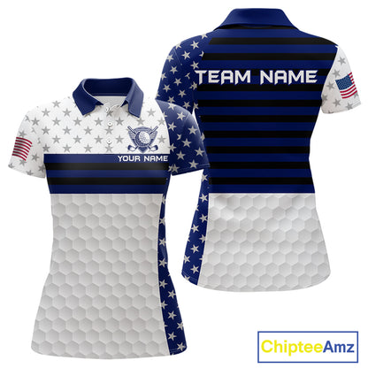 American Flag Womens Golf Polo Shirt Custom Black And Blue Patriotic Golf Team Shirt Golf Tops NYN4043