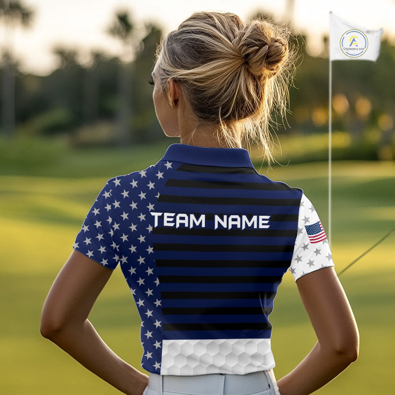 American Flag Womens Golf Polo Shirt Custom Black And Blue Patriotic Golf Team Shirt Golf Tops NYN4043