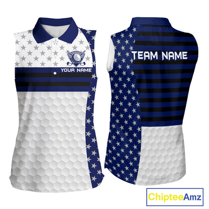 American Flag Womens Golf Sleeveless Polo Shirt Custom Black And Blue Patriotic Golf Team Shirt Golf Tops NYN4043
