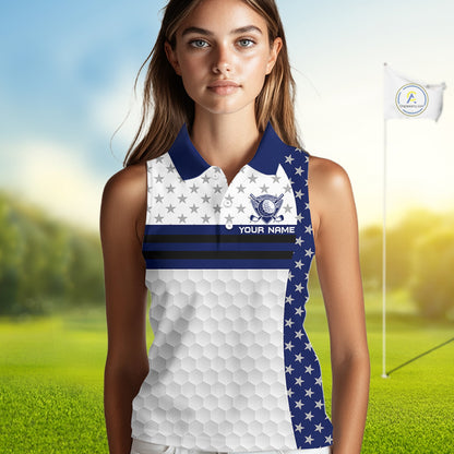 American Flag Womens Golf Sleeveless Polo Shirt Custom Black And Blue Patriotic Golf Team Shirt Golf Tops NYN4043