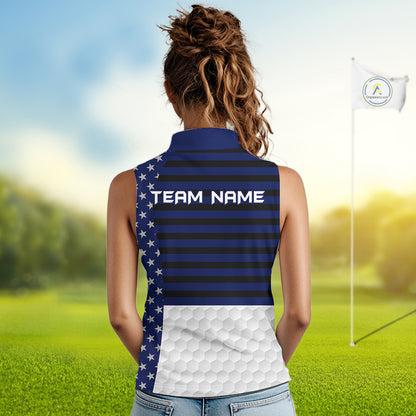 American Flag Womens Golf Sleeveless Polo Shirt Custom Black And Blue Patriotic Golf Team Shirt Golf Tops NYN4043