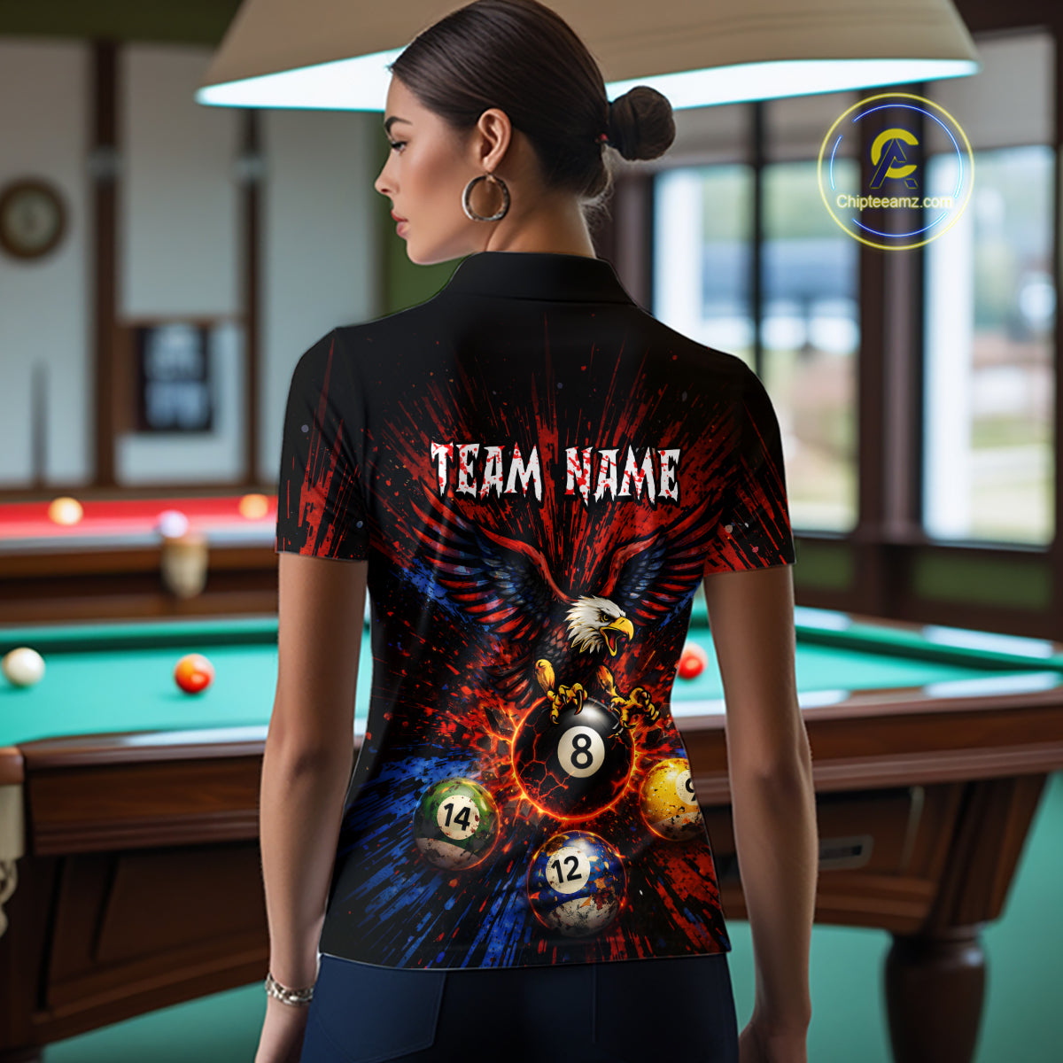 Custom Grunge Paint Blue & Red Eagle Pool 8 Ball Women's Billiard Team Shirt Billiard Attire NYN2670