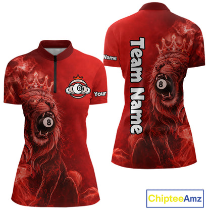 Personalized Red Grunge Smoke Crown Lion 8 Ball Pool Billiard Shirts For Women Billiard Attire Gifts NYN2826
