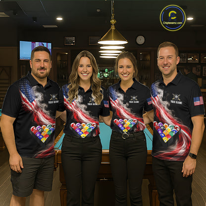 Smoke US Flag Smoke Billiard Polo & 1/4-Zip For Men Custom Patriotic 8 Ball Pool Team Jersey NYN3045