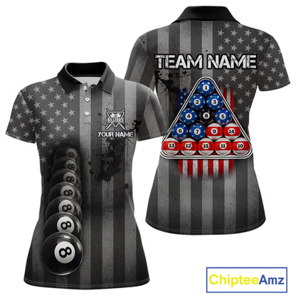 Grunge US Flag Blur 8 Ball Pool Billiard Team Shirt For Women Custom Patriotic Billiards Ball Attire NYN2470