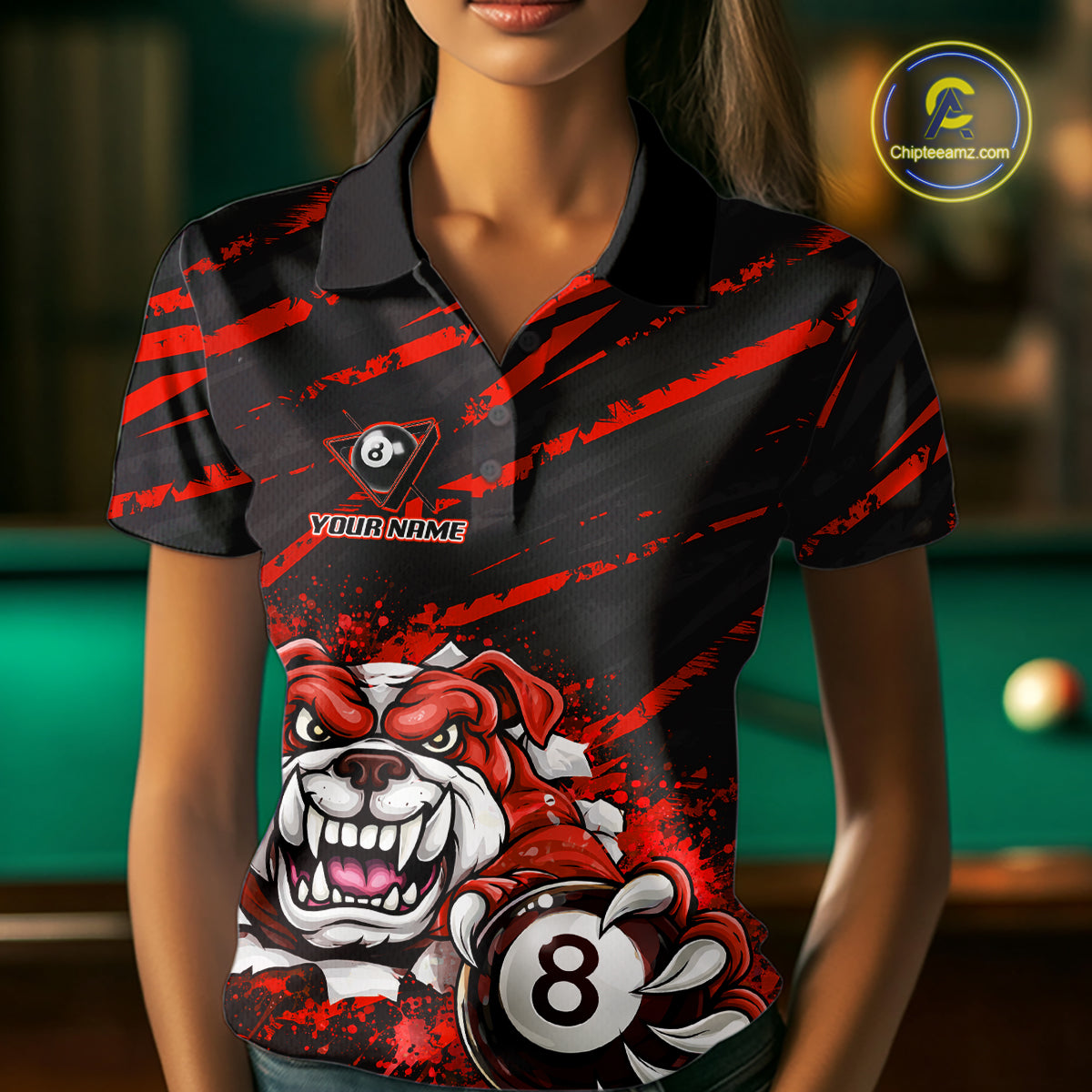 Red Splatter Ball 8 Billiard Jerseys For Women Custom Funny Bulldog Billiard Team Jersey NYN2828