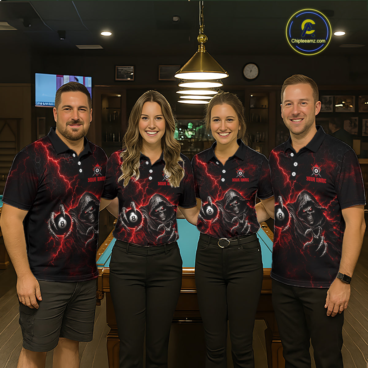 Custom Red Grim Reaper Thunder 8 Ball Pool Billiard Shirt For Men,  Billiard Team Jersey NYN3778