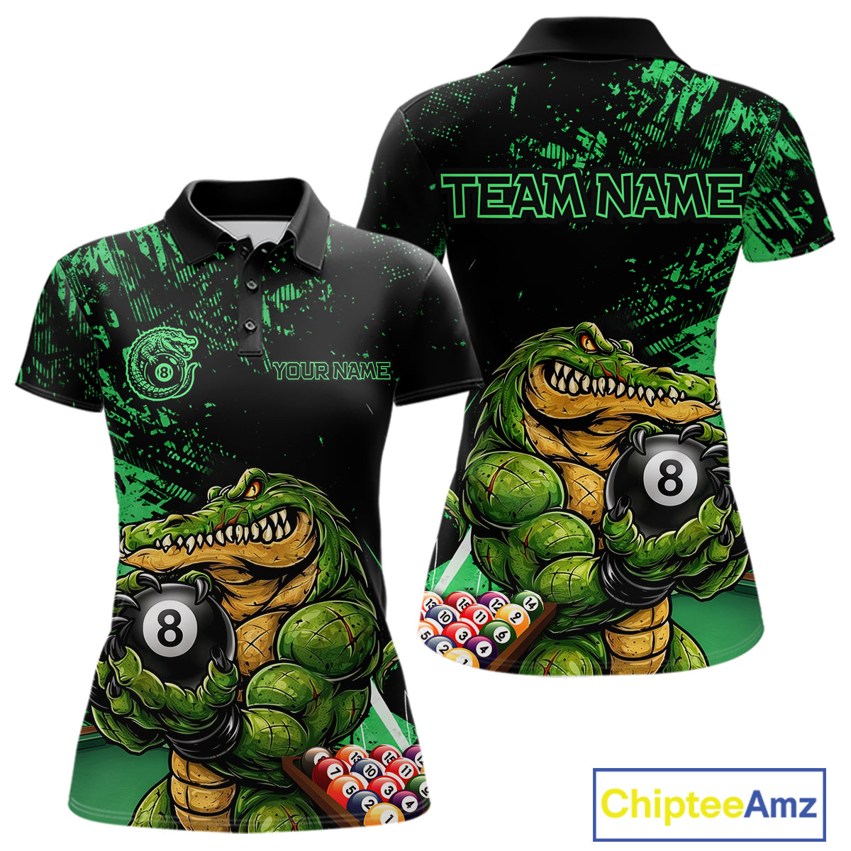 Custom Green Grunge Crocodile 8 Ball Billiard Pool Shirt For Women Funny Billiard Team Jersey NYN3066