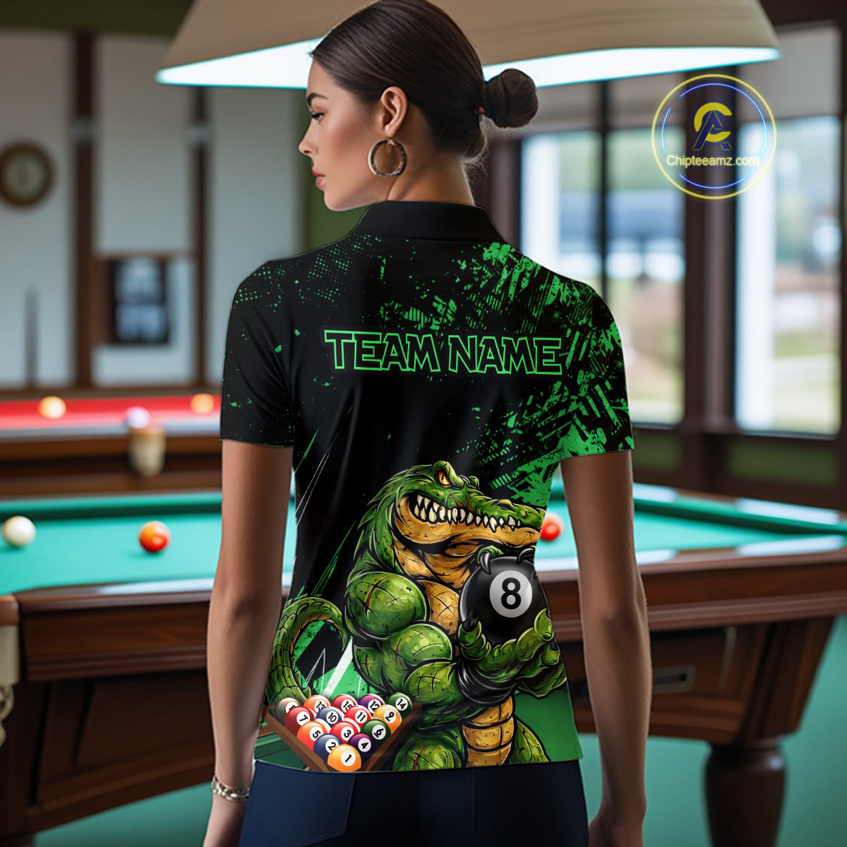 Custom Green Grunge Crocodile 8 Ball Billiard Pool Shirt For Women Funny Billiard Team Jersey NYN3066