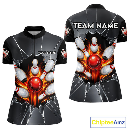 Grey Broken Glass Bowling Shirt For Women Custom Fire Flame Outfit Bowling Jersey | Red NYN3230