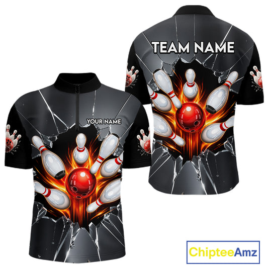 Grey Broken Glass Bowling Shirt For Men Custom Fire Flame Outfit Bowling Jersey | Red NYN3230