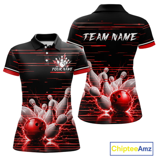 Red Horizontal Stripes Women Bowling Shirt Personalized Thunder Lightning Team Bowling Jersey NYN3233