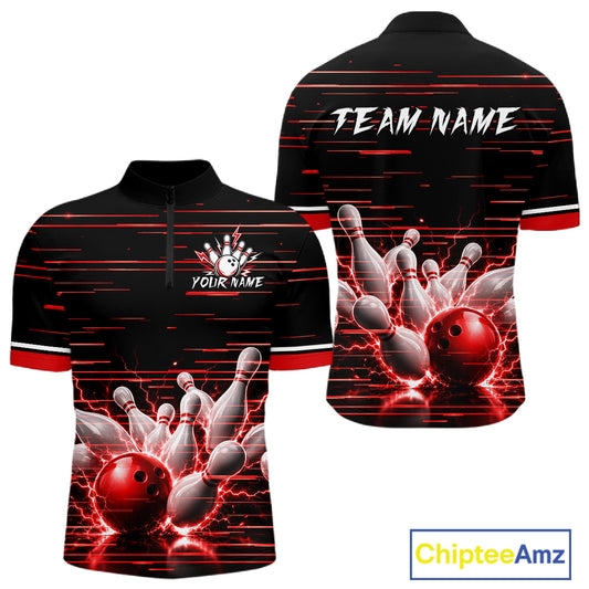 Red Horizontal Stripes Mens Bowling Shirt Personalized Thunder Lightning Team Bowling Jersey NYN3233