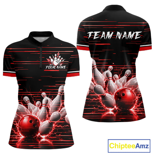 Red Horizontal Stripes Women Bowling Shirt Personalized Thunder Lightning Team Bowling Jersey NYN3233