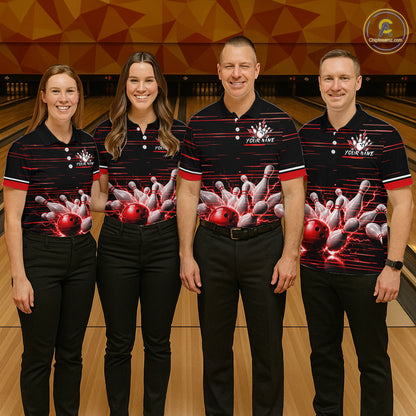 Red Horizontal Stripes Women Bowling Shirt Personalized Thunder Lightning Team Bowling Jersey NYN3233