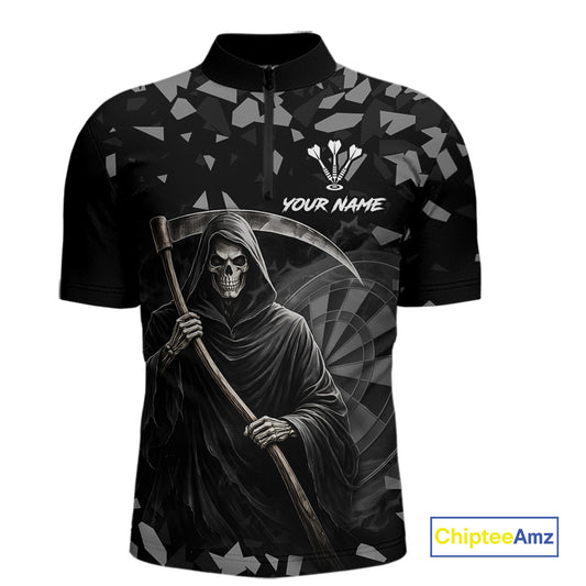 Grey Grim Reaper Smoke Dartboard Custom Grunge Men Darts 1/4-Zip Shirt Darts Team Jersey NYN2718