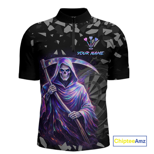 Holographic Grim Reaper Smoke Dartboard Custom Men Darts 1/4-Zip Shirt Dart Team Jersey NYN2720