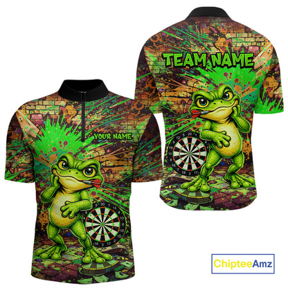 Personalized Funny Dart Shirt Cartoon Frog Dartboard Polo Quarter Zip Shirt Custom Team Shirt For Men NYN2858